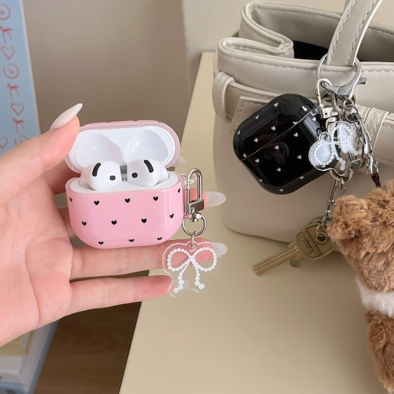 IMD Anti-fall Earphone Case with Pendant For Apple AirPods 1/2, Pro,Pro 2, AirPods 3, Airpods 4 ,Black-Pink Heart Pattern,