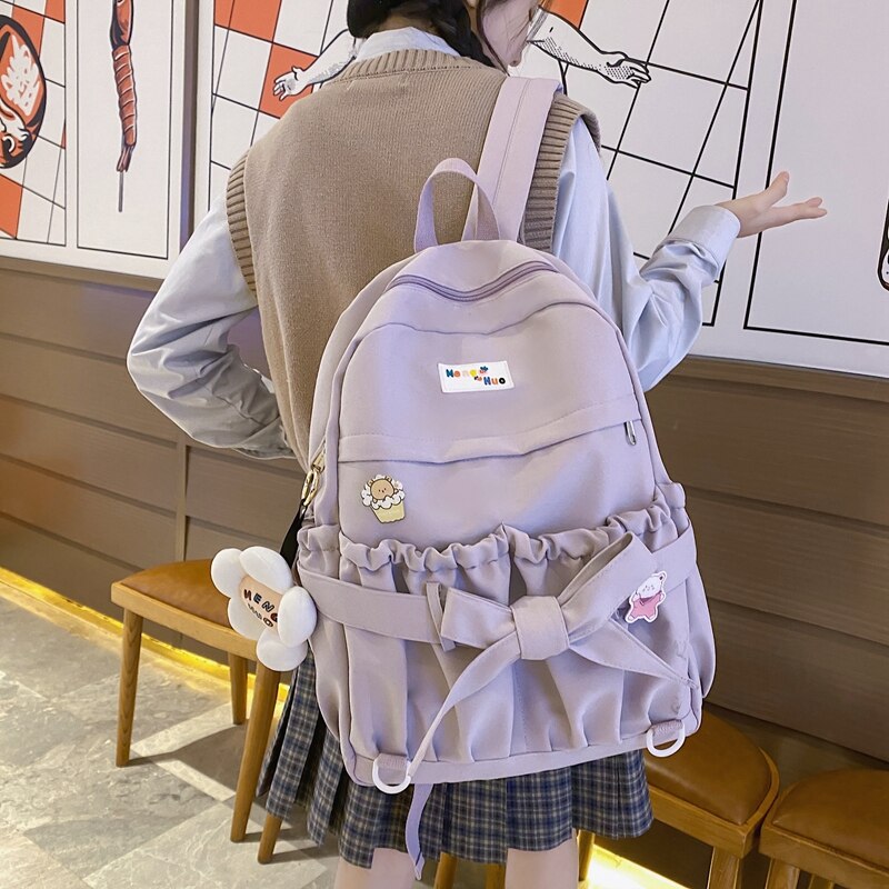 Korean Style Women Sweet Backpack Large Capacity Open Pockets Kawaii Female Bow School Bags for teenager Girls Travel Backpacks
