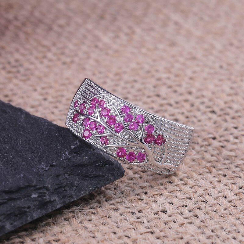 Huitan Romantic Rose Red Color Cherry Flower Tree Pattern Women Finger Rings Women Cute jewelry Rings For Female