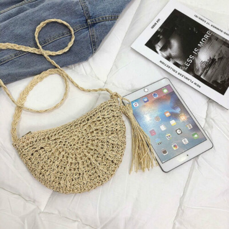 Sac de paille de sac à bandoulière pour femme sac en rotin tissé à la main sac de plage décontracté sac à main: Beige