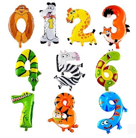 10 stks dier nummer ballonnen, cartoon dier hond aap snake tijger zebra dinosaurus ballon kinderen party decoraties meisjes jongens