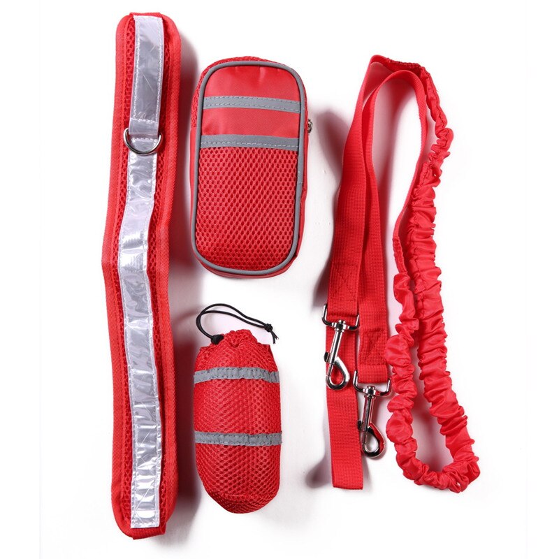 Handsfree Pet Hond Kat Running Jogging Gewatteerde Taille Riem Reflecterende Strip Elastische Leash Perfecte Walking Training Hondenriem Set: Rood