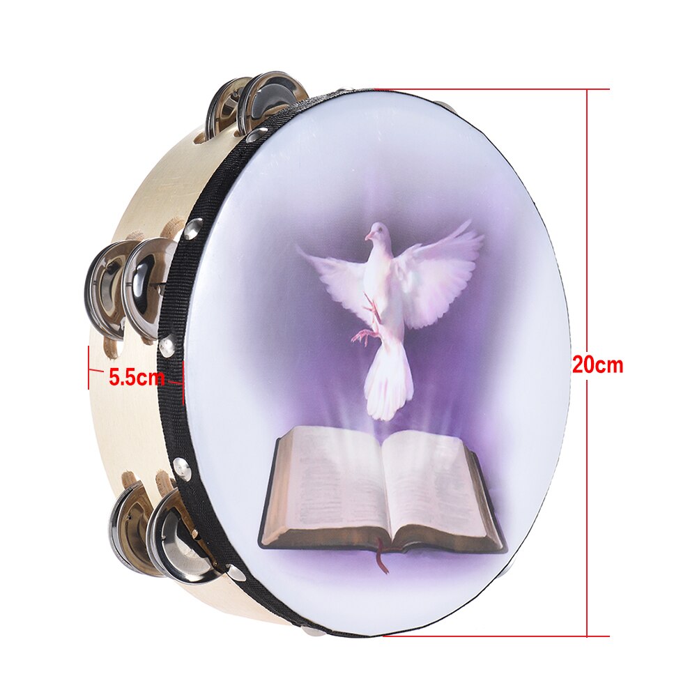 8" Hand hold Tambourine Double Row Tambourine Handbell Clap Drum Percussion Instrument with Bible Pattern for Church