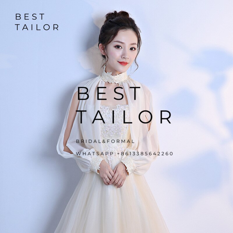 Kleuren beschikbaar! ivoor chiffon bruidsjassen bolero bruidsmeisjesjurken hoge hals split lange mouwen bruiloft accessoires