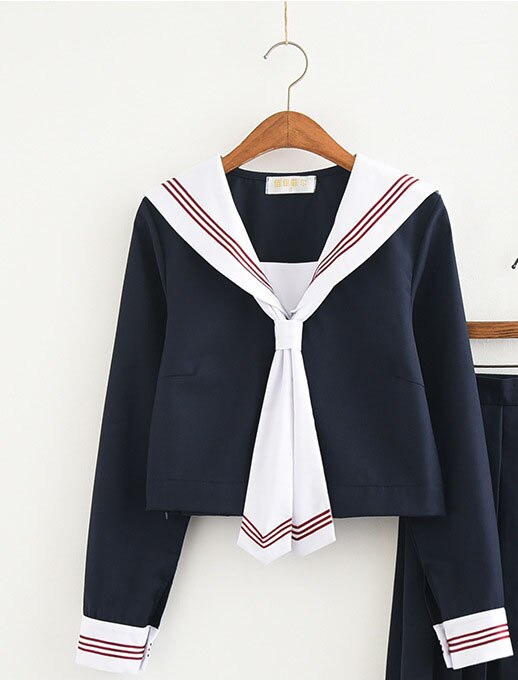 Japanese School Navy Blue JK Uniforms Pleated Skirt Sailor Suits White College Wind Suit Girl Students Uniforms Cosplay Costumes: L / Long sleeve top-tie