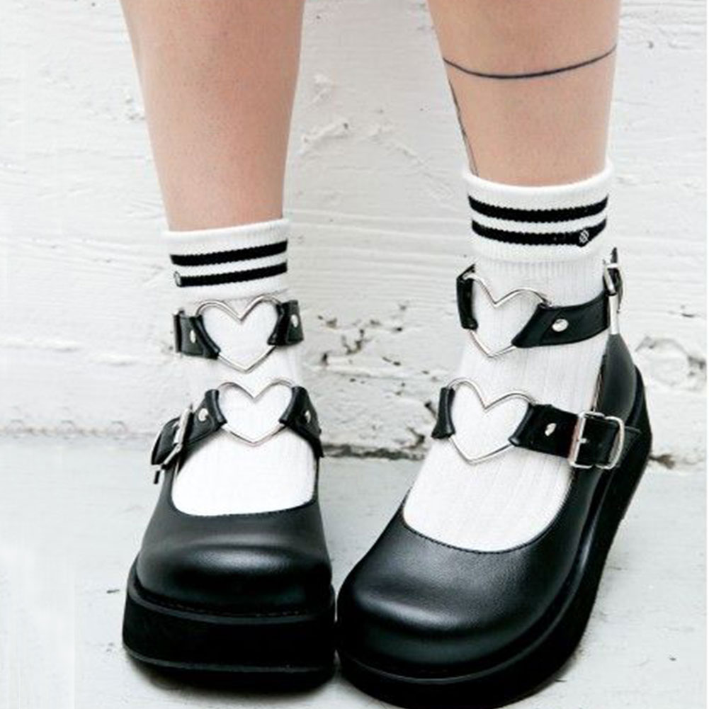 Zapatos planos Mary Janes para mujer, zapatillas femeninas de estilo gótico, con plataforma decorativa en forma de corazón rosa y negro, talla grande 43,