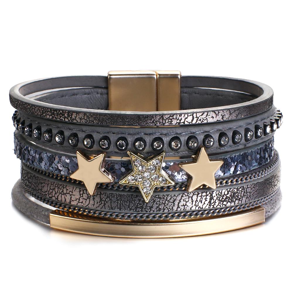 Flashbuy Trendy Gold Color Stars Leather Bracelet for Women Multilayer Wide Wrap Bangles Couple Jewelry
