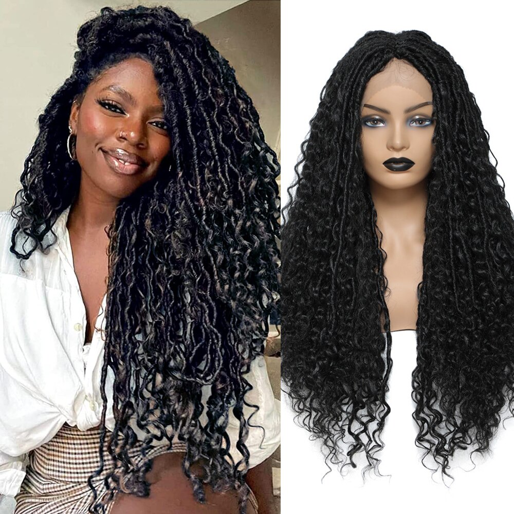 X-TRESS Faux Locs Braided Wigs Synthetic Lace Front Wig for Women Straight Dreadlock Mixed Curly Hair Middle Part Crochet Braids: #1B