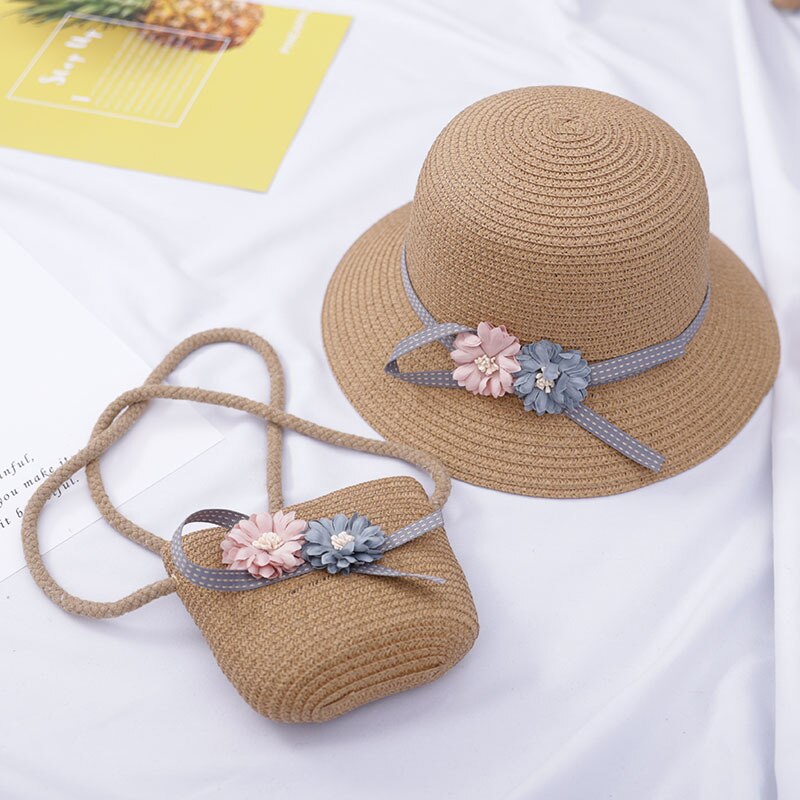 2 pçs meninas flor chapéu de palha com bolsa crianças verão chapéu de sol meninos meninas panamá praia chapéus
