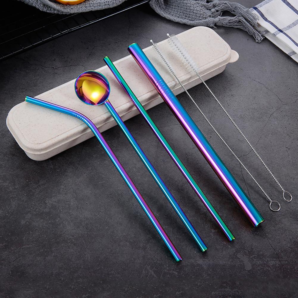 7Pcs/Set Dinnerware Set Reusable Stainless Steel Straws Spoon Drinking Flatware with Cleaning Brush Storage Box Cutlery Set