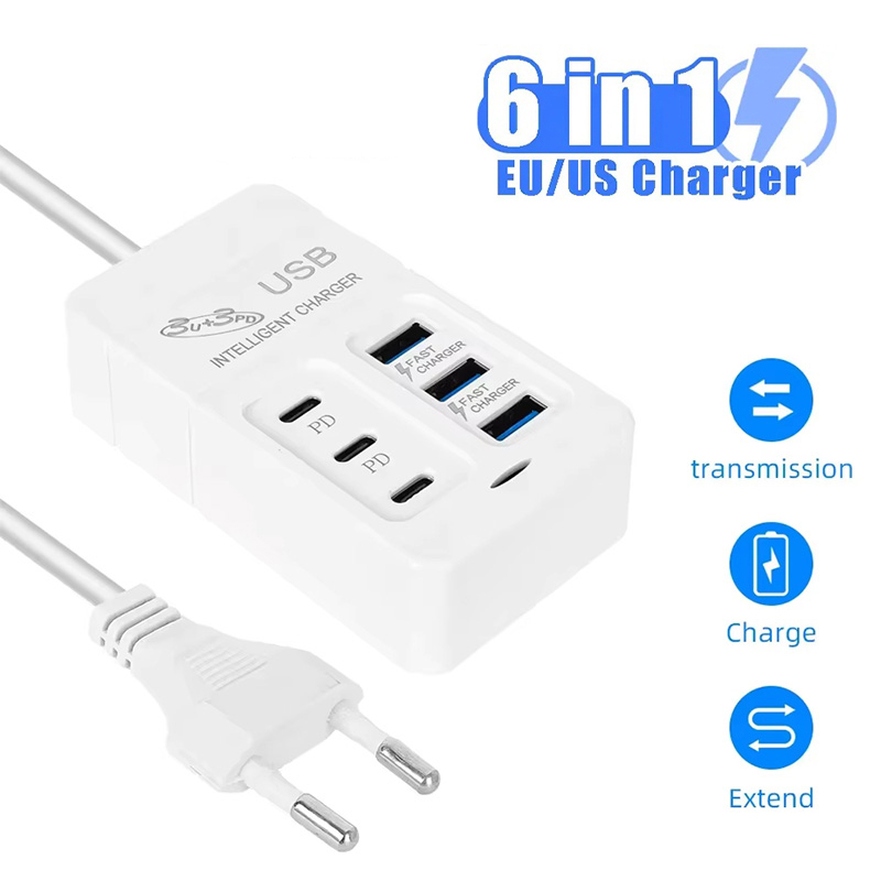 6 poorten USB-oplader 35W PD Type C snellader oplader wandtelefoonadapter snellader 3.0 USB-hub EU-stekker US-stekker USB-oplader