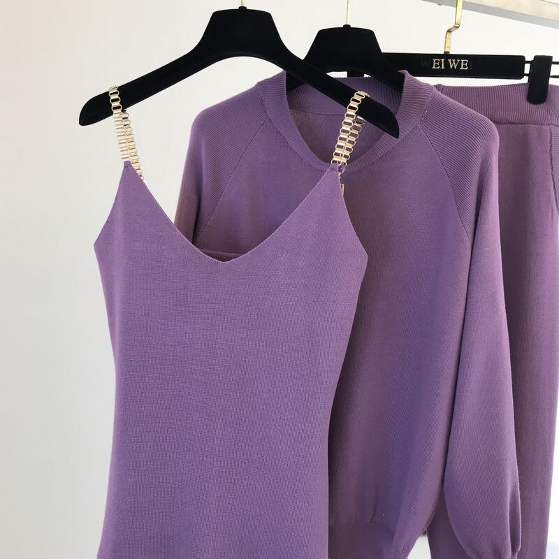 Efterårsstrikket sweater jakkesæt afslappet produkt temperament kædevest strikket jakke + elastiske bukser tredelte sæt  tz423