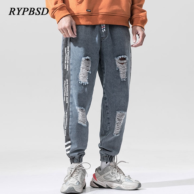 Herre ripped jeans bukser smukt tryk patchwork stribe huller punk streetwear jeans mænd denim bukser plus str. 5xl