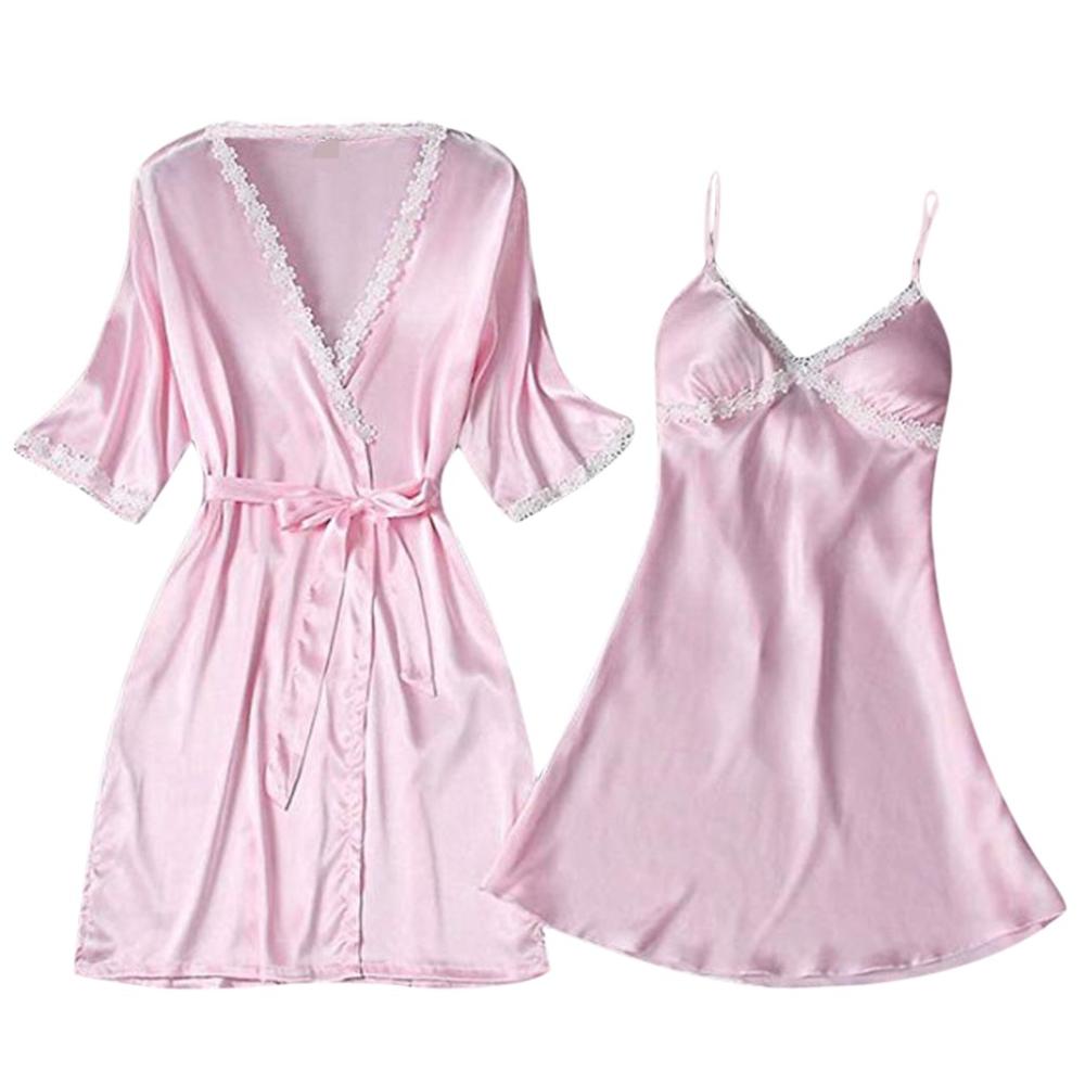 2 Pcs Vrouwen Sexy Satijnen Nachtkleding Babydoll Lingerie Nachthemd Pyjama Set Bruid Gewaden Kimono Robe Satijn Zijde Nacht Nachtkleding: Roze / S