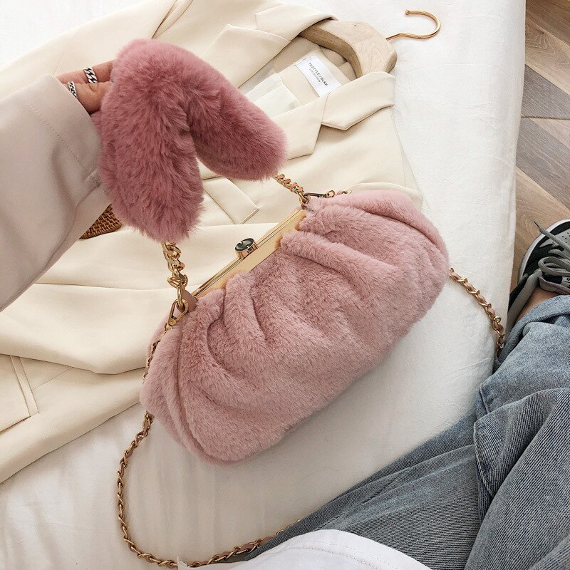 Casual, effen pluchen schoudertas met ketting, herfst/winter, dames, kleine crossbodytas met drukknopen: Roze