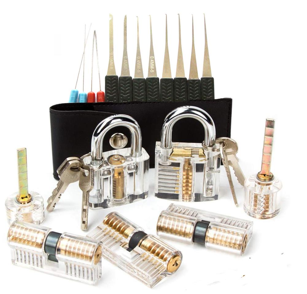 7pcs Transparent Lock with 15pcs Locksmith Tools,11pcs Broken Key Remove Picking Tools Practice Set