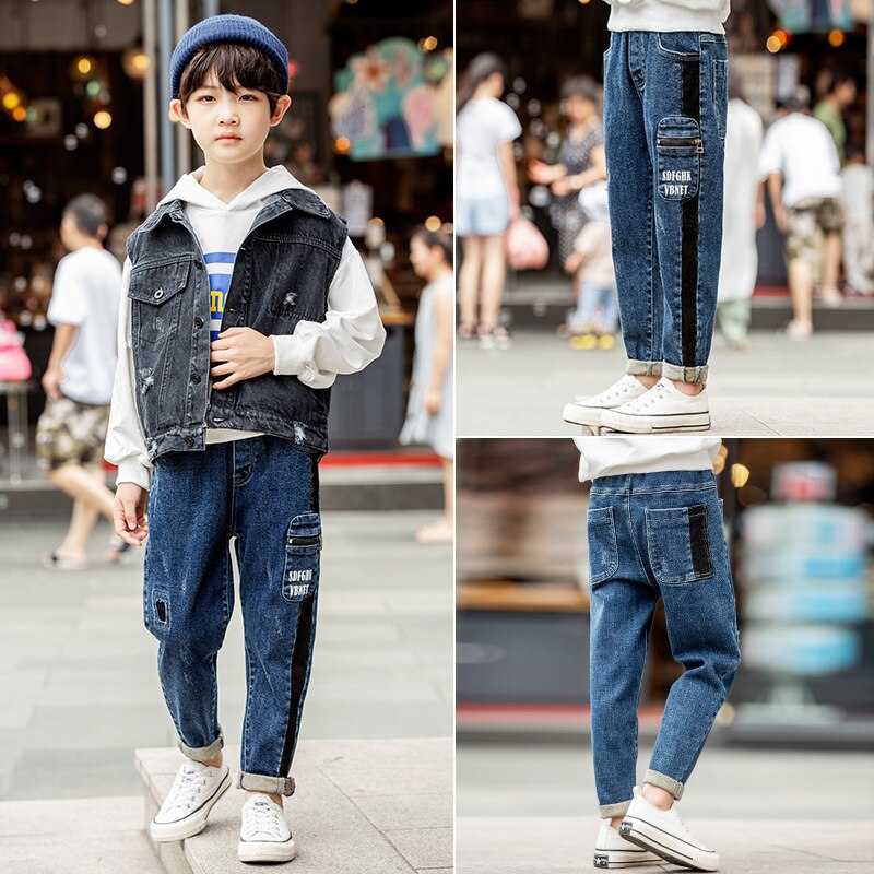 Boys Jeans Boys Pockets Patchwork Stripe Cowboy Pants for Boy Kids Denim Harem Pants Mid Waist Jeans Children 4-14Y