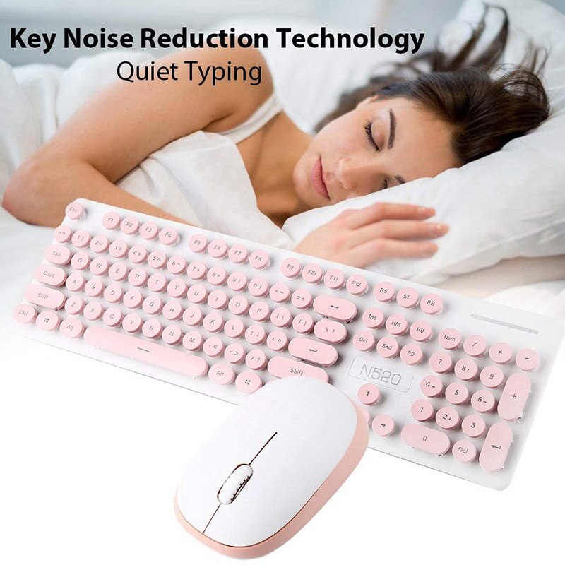 104 Keys Fast Response 2.4GHz Mechanical Feel Comfortable Typing Wireless Keyboard Mouse Combo for Windows 7/8/10/(Pink)