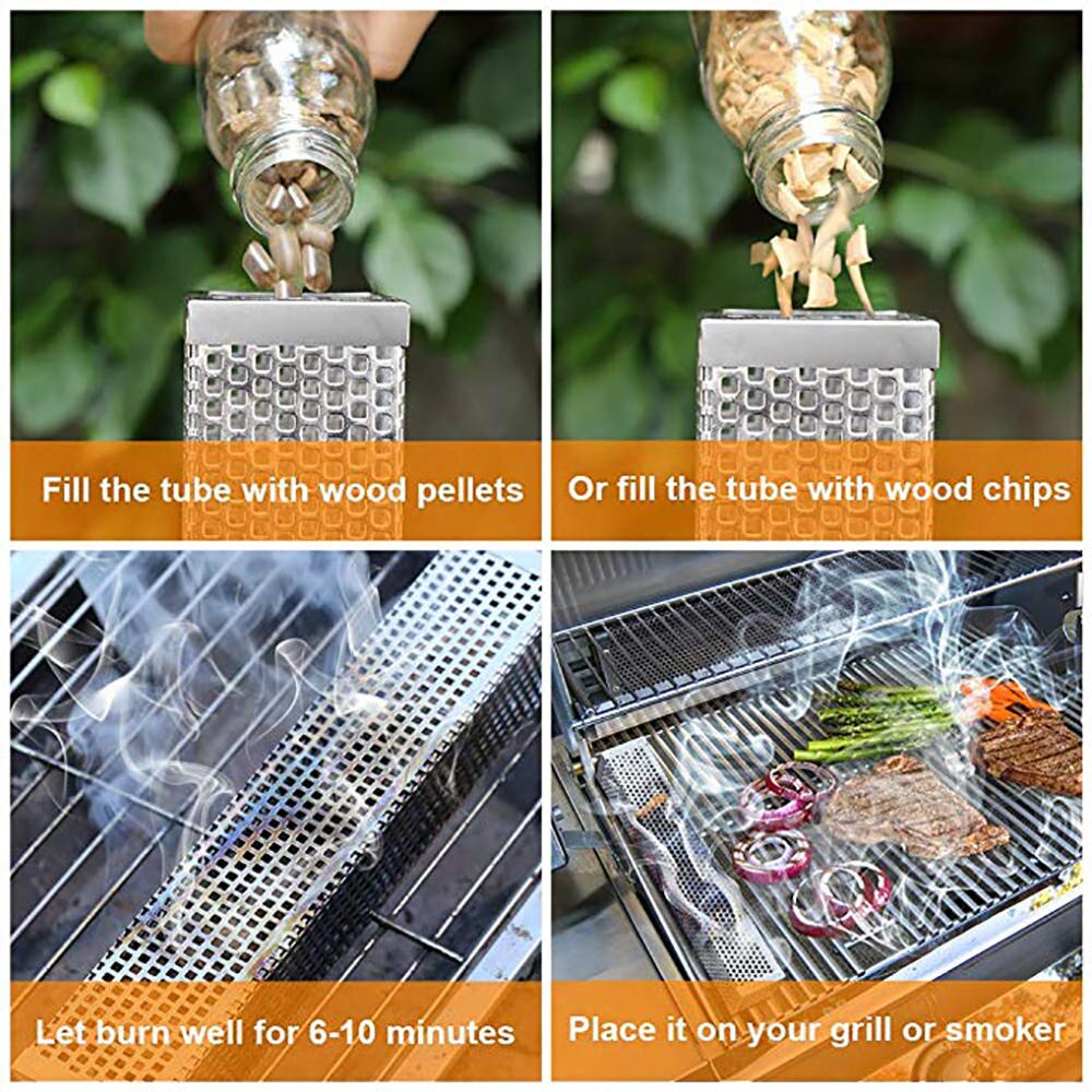 1x hexagon/firkantet bbq rustfrit stål perforeret mesh ryger pille rør rør udendørs madlavning grill grill røg filter