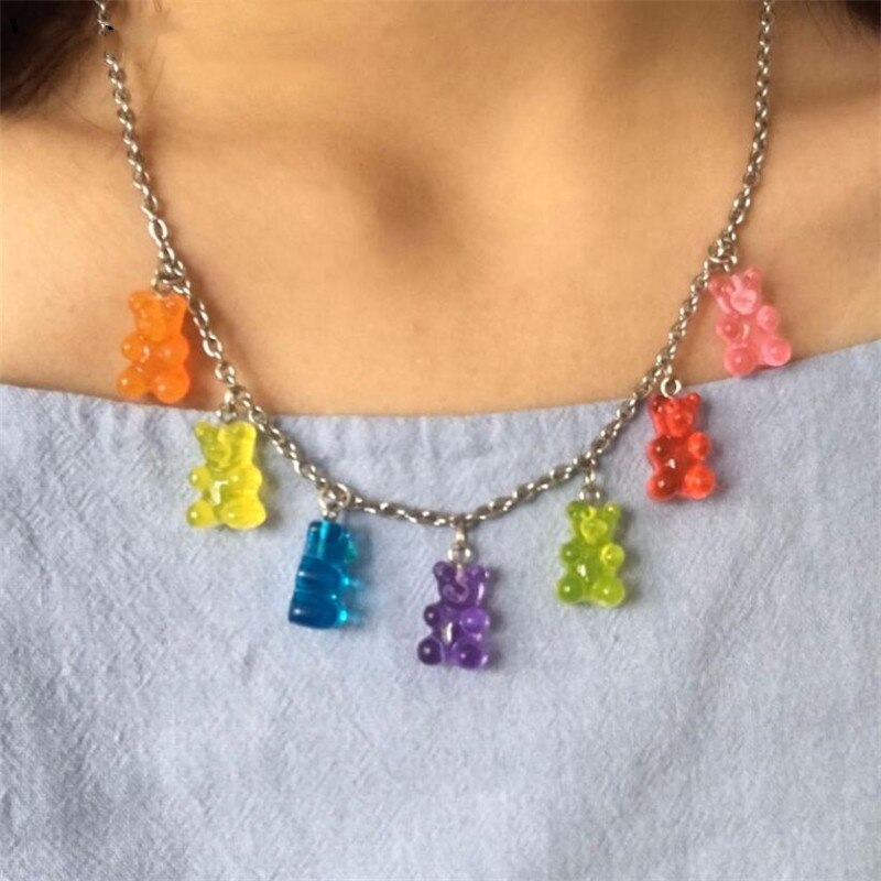 HUANZHI Cute Gummy Bear Colorful Sweet Lovely Bracelet Cool Long Chain Alloy Metal Line Necklace for Women Jewelry Party