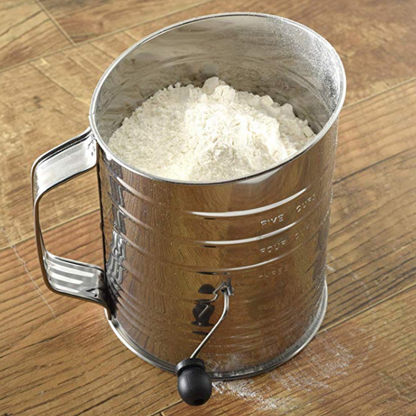 Tamiz de harina de manivela de mano rotativa de acero inoxidable de 3 tazas con agitador de 2 cables, agitadores, agitadores, utensilios de cocina para horno, herramientas de repostería para hornear