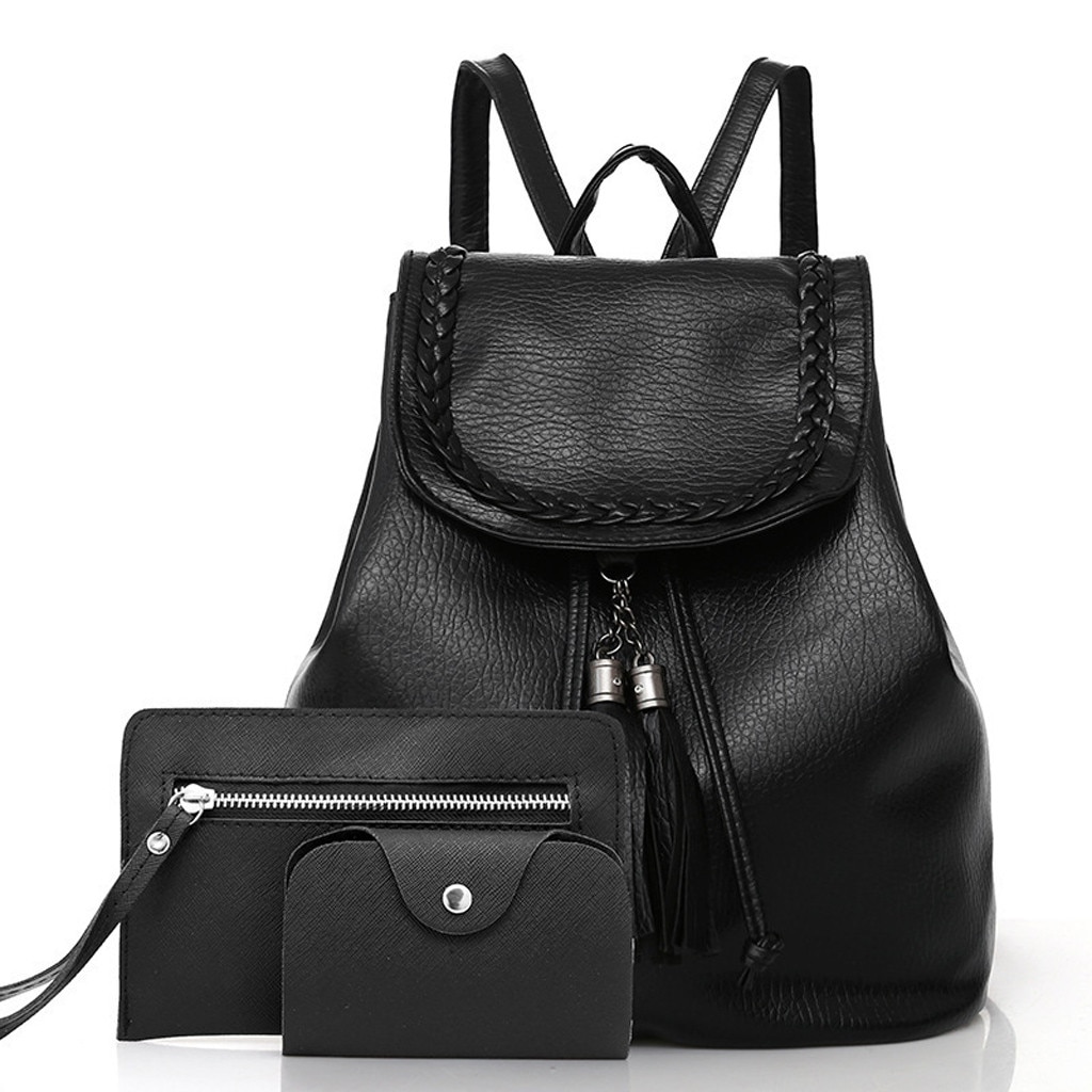 3 stk. læder rygsæk til kvinder, tyveri rygsæk vintage skole skulder sort/brun taske lille brugs rygsæk: Default Title