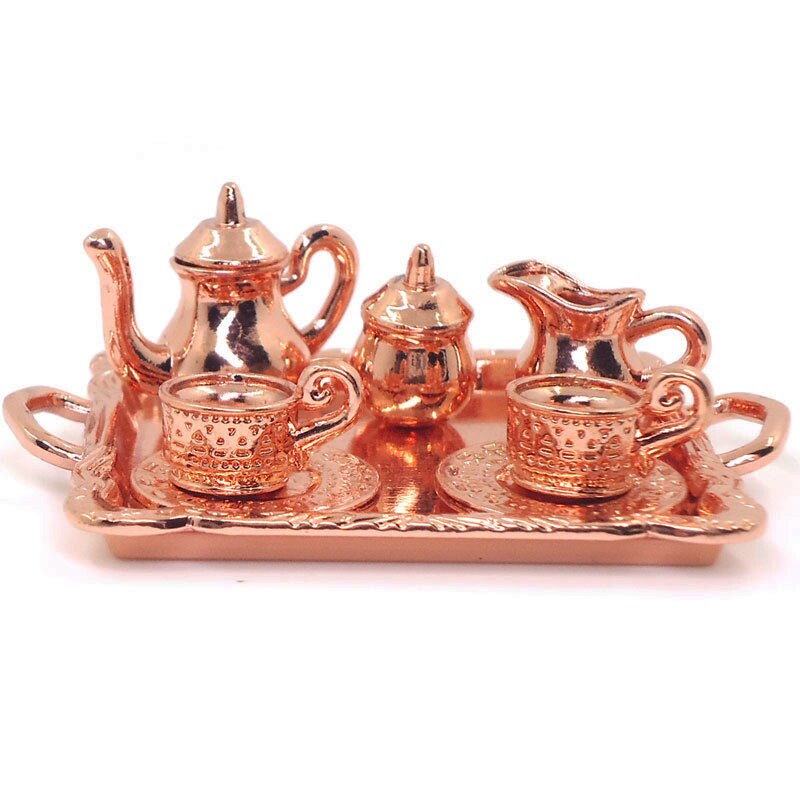 1: 12 poppenhuis Meubels Miniatuur Eetkamer Ware Speelgoed 8 Stuks Metalen Thee Set Theepot Cup Plaat Lengte 6.5cm