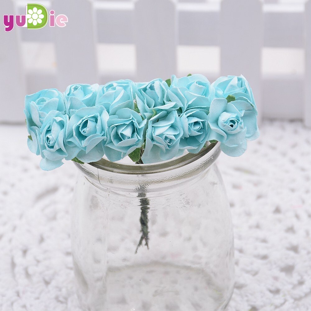 12 stk/parti 1.5cm mini papir rose blomster bukett bryllup dekorasjon papir blomst til gjør-det-selv scrapbooking blomster papir billige blomster: Himmelblå