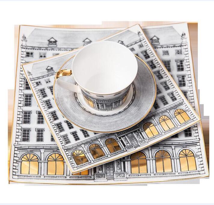 Retro Gold Neuschwanstein Zwaan Kasteel Decoratieve Bone China Plaat Decoratieve Plaat 8/10 Inch Plaat Koffie Cup Lade