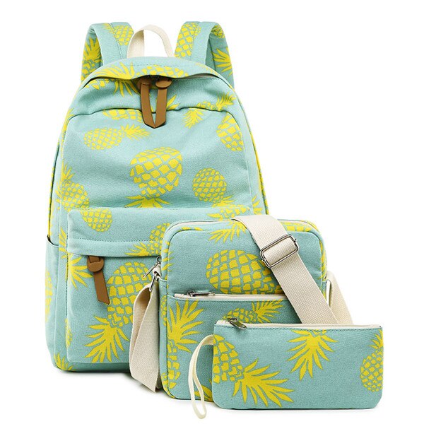 Mode Canvas Vrouwen Rugzak Set Fruit Ananas Afdrukken Vrouwelijke School Rugzak met Lunchbox Zakken Meisje Dagelijks Laptop Boekentas: Blue