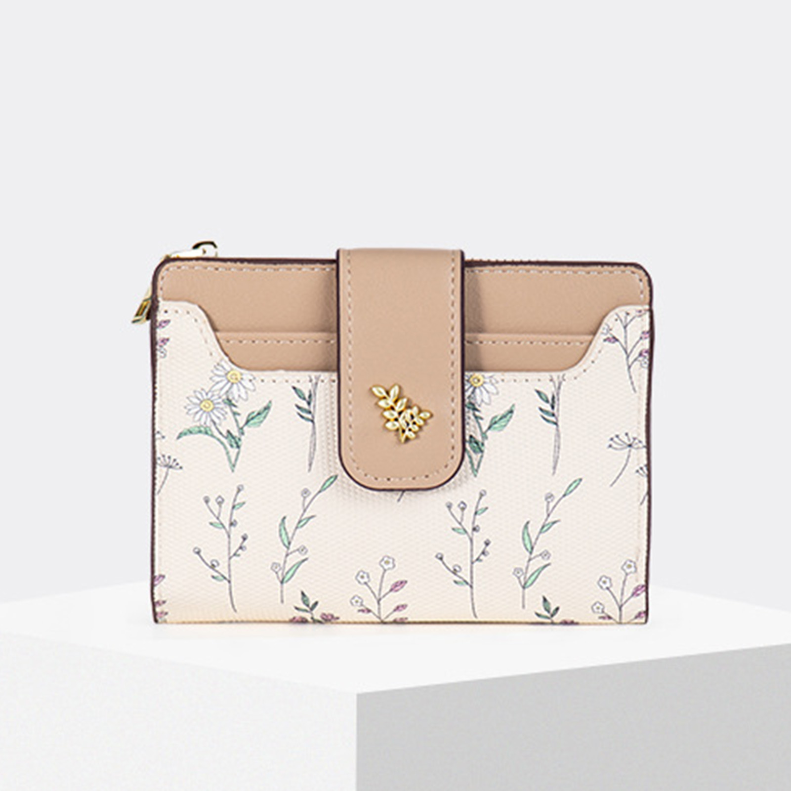 Women Wallets PU Leather Female Coin Purse Flower Printed Multi-Cards Holder Lady Short Slim Wallet Zipper Hasp: Khaki