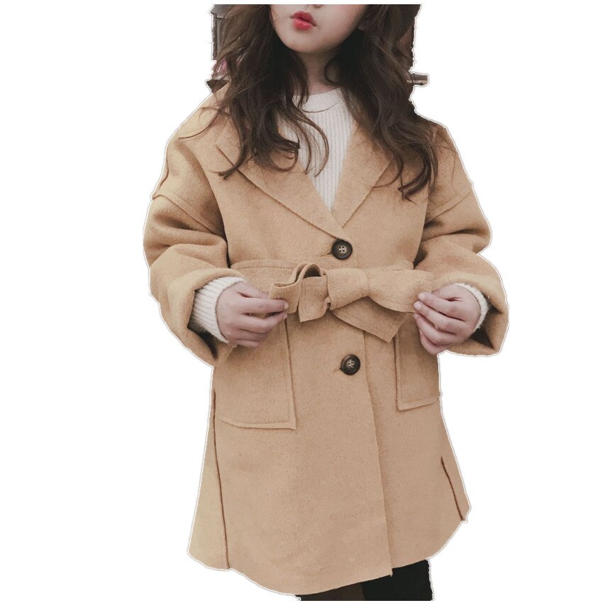 girl wool coat wool Long Sleeve belted Windbreaker autumn winter clothes Kids jacket Outwear