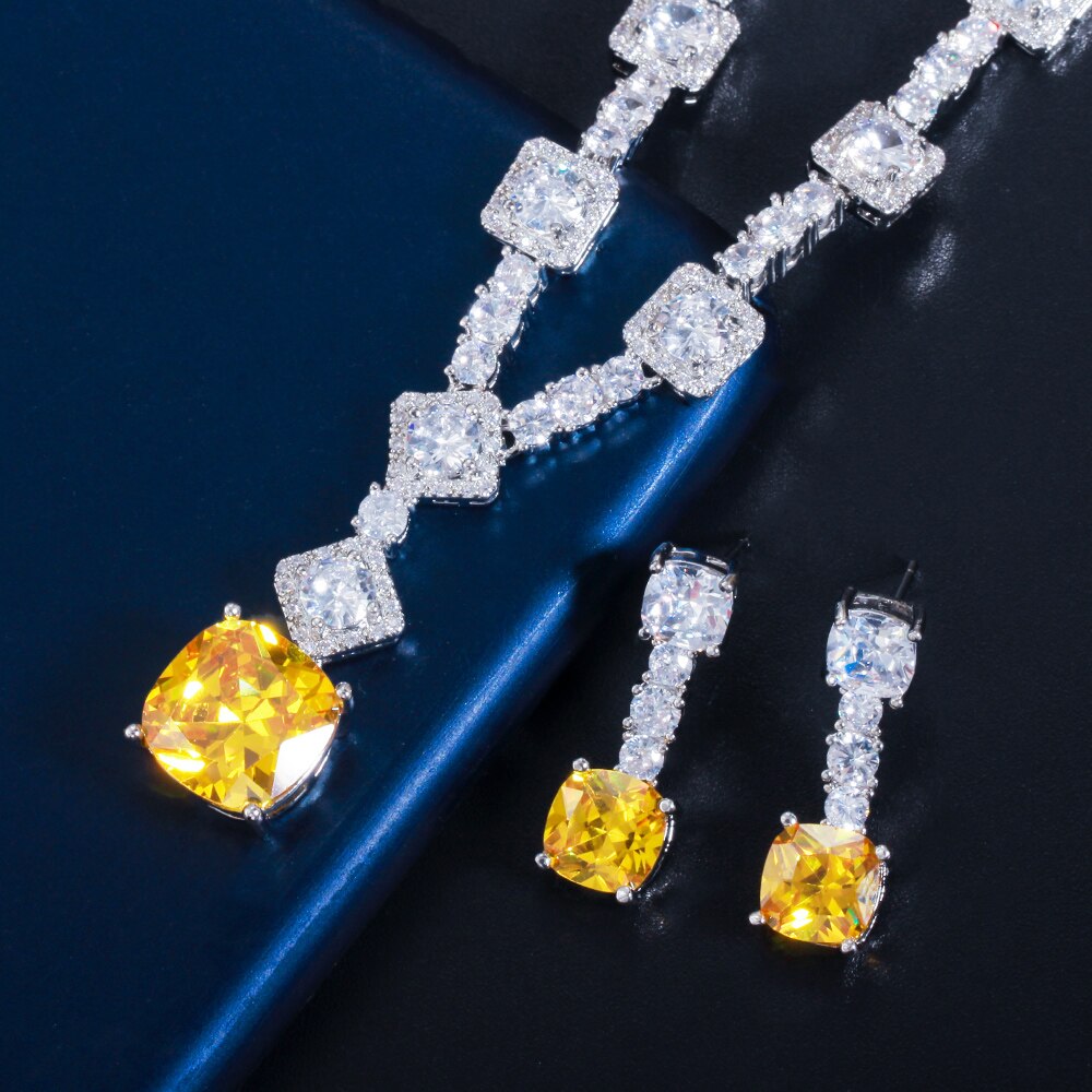 CWWZircons WunderschöNe Platz Tropfen Gelb kubisch Zirkon Partei Halskette Jewlery einstellen für Frauen Hochzeit Braut Kostüm Zubehör T504