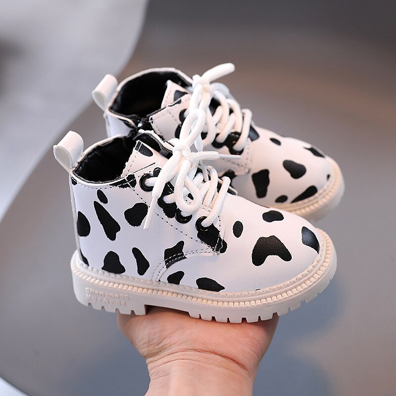 Meisjes Spotted Lederen Laarzen Non-Slip Zachte Bodem Side Rits Lederen Laarzen Waterdichte Warme Enkele Schoenen En Najaar jongens: WHITE / 26