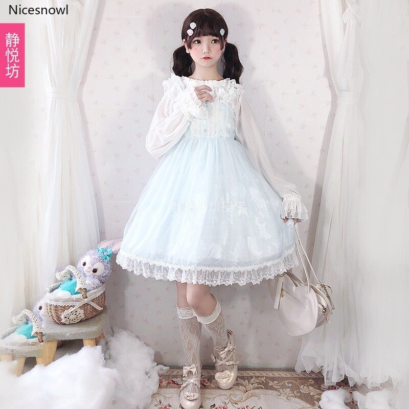 Kevät ja kesä japanilaiset tytöt kevyt mekko lolita jsk sininen pehmeä tyttöhihna lolita mekko naiset