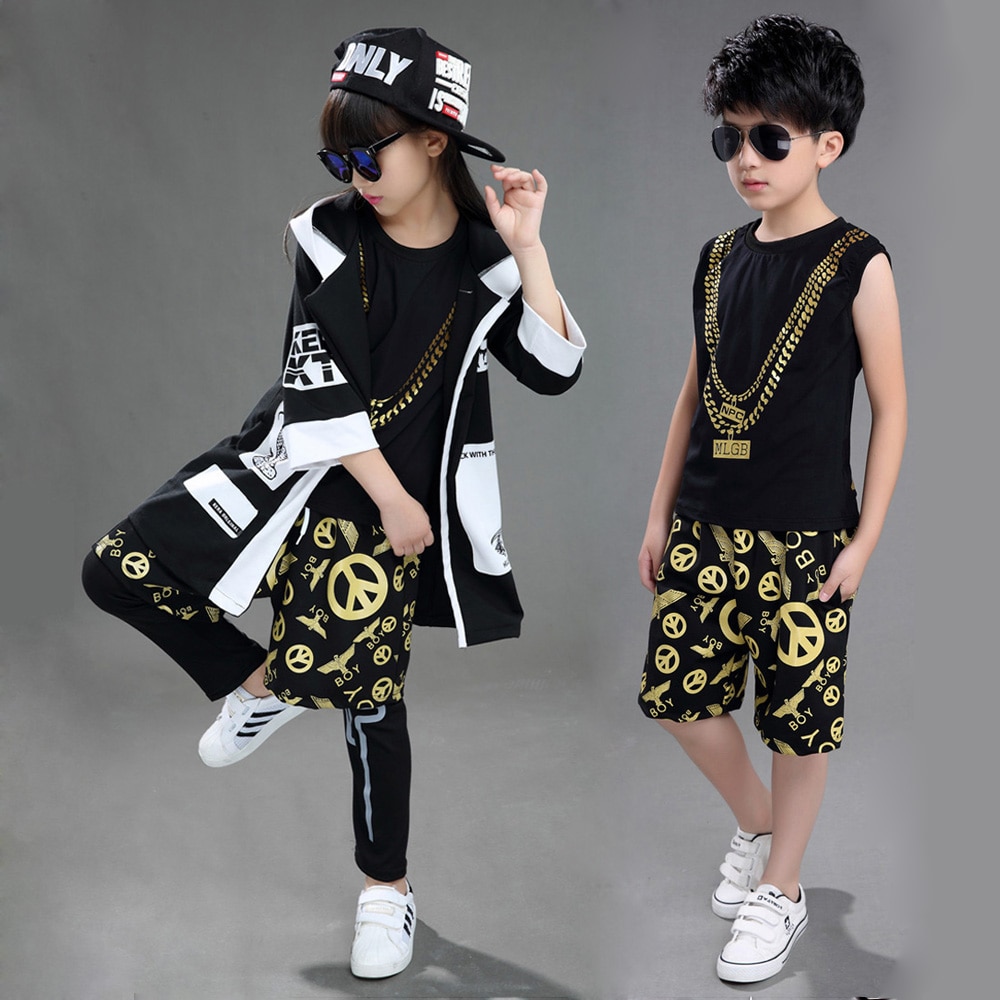 Children Boy Girl Sleeveless Black Gold Hip Hop Hiphop Ds Jazz Dance Costumes Ballroom Clothes Outfit