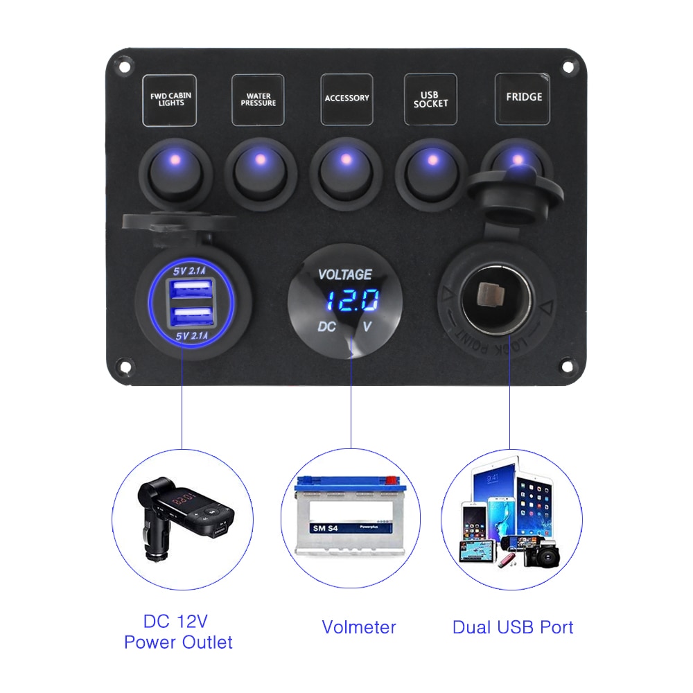 Boot Schalter Panel Auto Schalter Panel Wasserdichte Digital Voltmeter Dual USB Port 12V Outlet Kombination Marine LED Rocker 5 gang