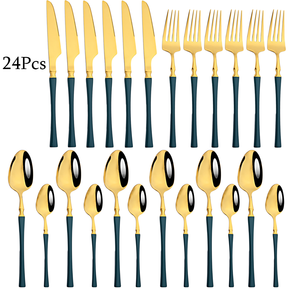 Couverts arc-en-ciel en acier inoxydable 304, 24 pièces, miroir, vaisselle, couteau, fourchette, cuillère à thé, couverts de cuisine, service d'argenterie: Green gold