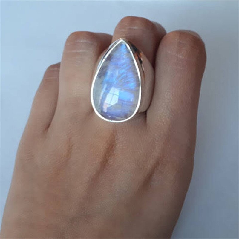 Anillos de piedra lunar Vintage para mujer, anillo grande a la , joyas de plata para dedo para mujer, anillo para de compromiso, para mujer