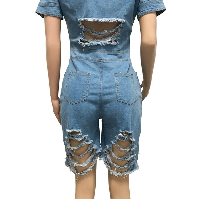 Mono vaquero de manga corta para mujer, peto informal, pantalones cortos vaqueros de verano, mono con botones rasgados, trajes