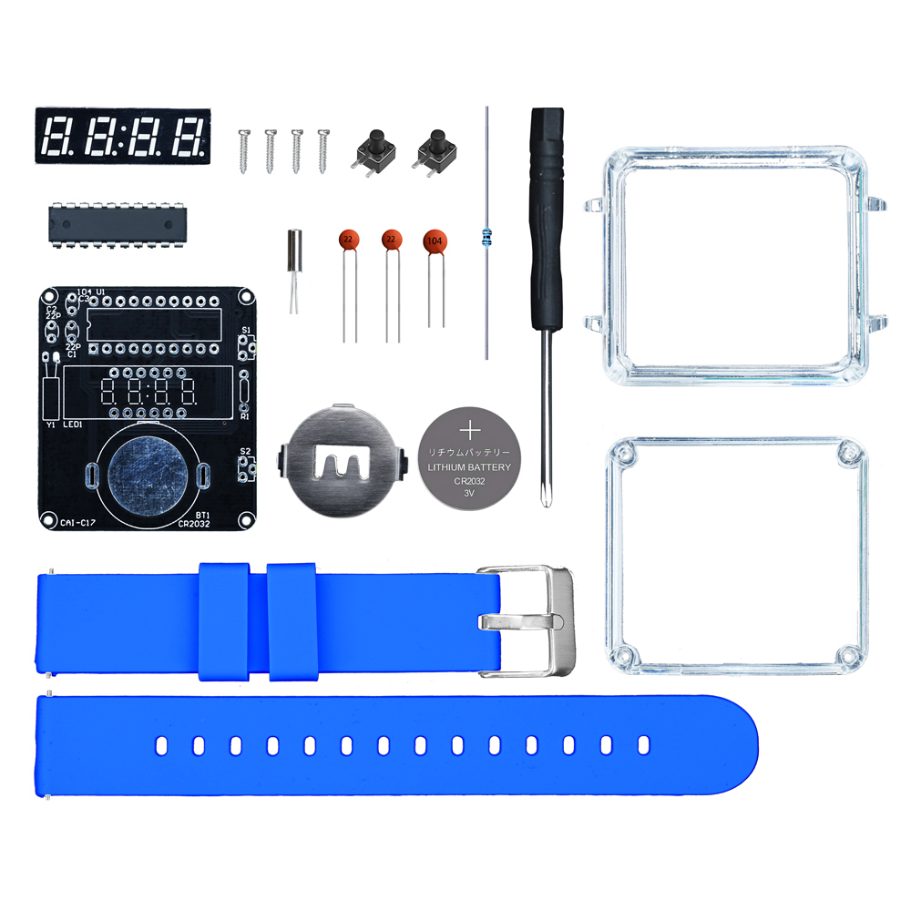 Kit de montre électronique à monter soi-même, affichage numérique LED , boîtier Transparent 3V, Kit de bricolage à souder pratique électronique: BLEU CIEL