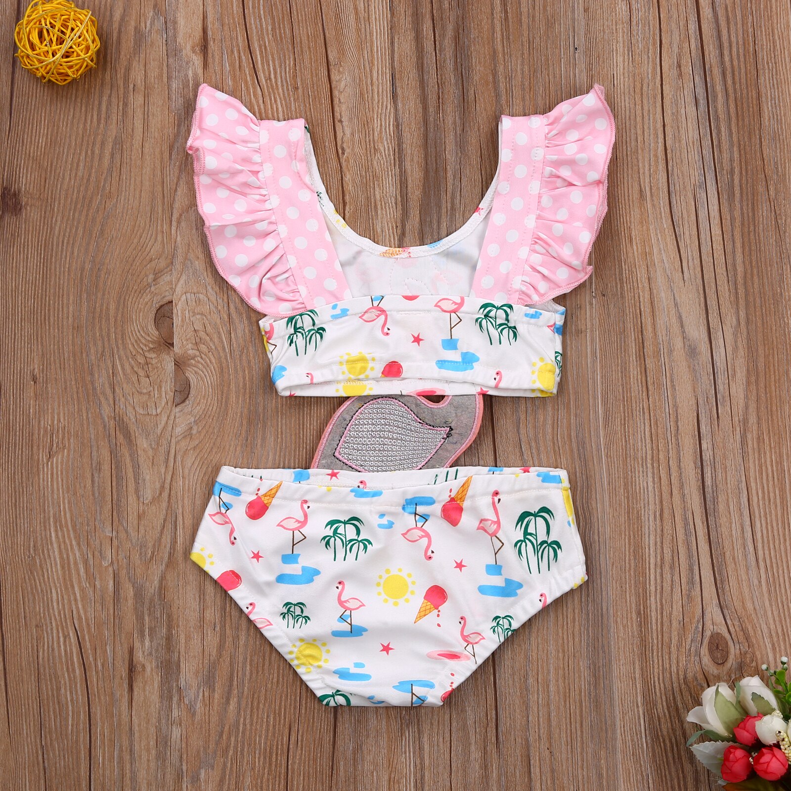 0-3Y Summer Girls Sweet 3D Flamingo Print One Piece Swimsuit Hollow Ruffles Backless Suspender Swimwear Beachwear
