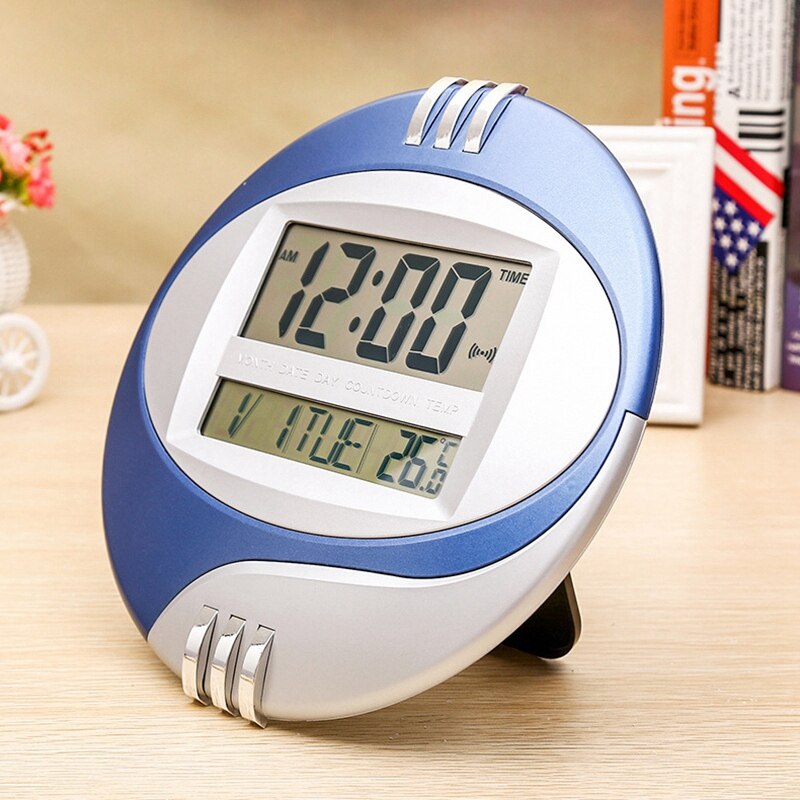 2 stk temperaturdisplay digital vegg elektronisk klokke lcd moderne kalender ledet brakett klokke stum - blå og rød