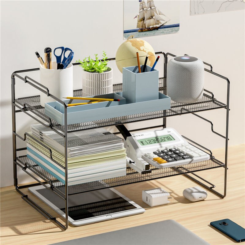 2 Layer Simple Bookshelf Office Desktop Storage Rack Table Multi-layer Desk Organize Metal Net Shelf Storage Box
