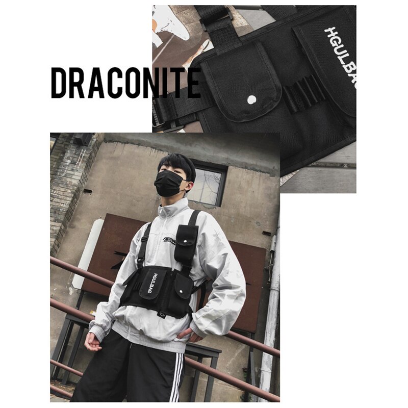 Saco de equipamento de peito feminino pacote de cintura hip hop ombro crossbody homem west vest peito preto streetwear sacos