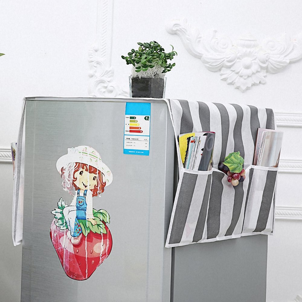 Praktisk køleskab støvdæksel stor lomme dobbeltsidet opbevaring hængende tasker husstand ikke-vævet klud mikrobølgeovn dækker: Stribe