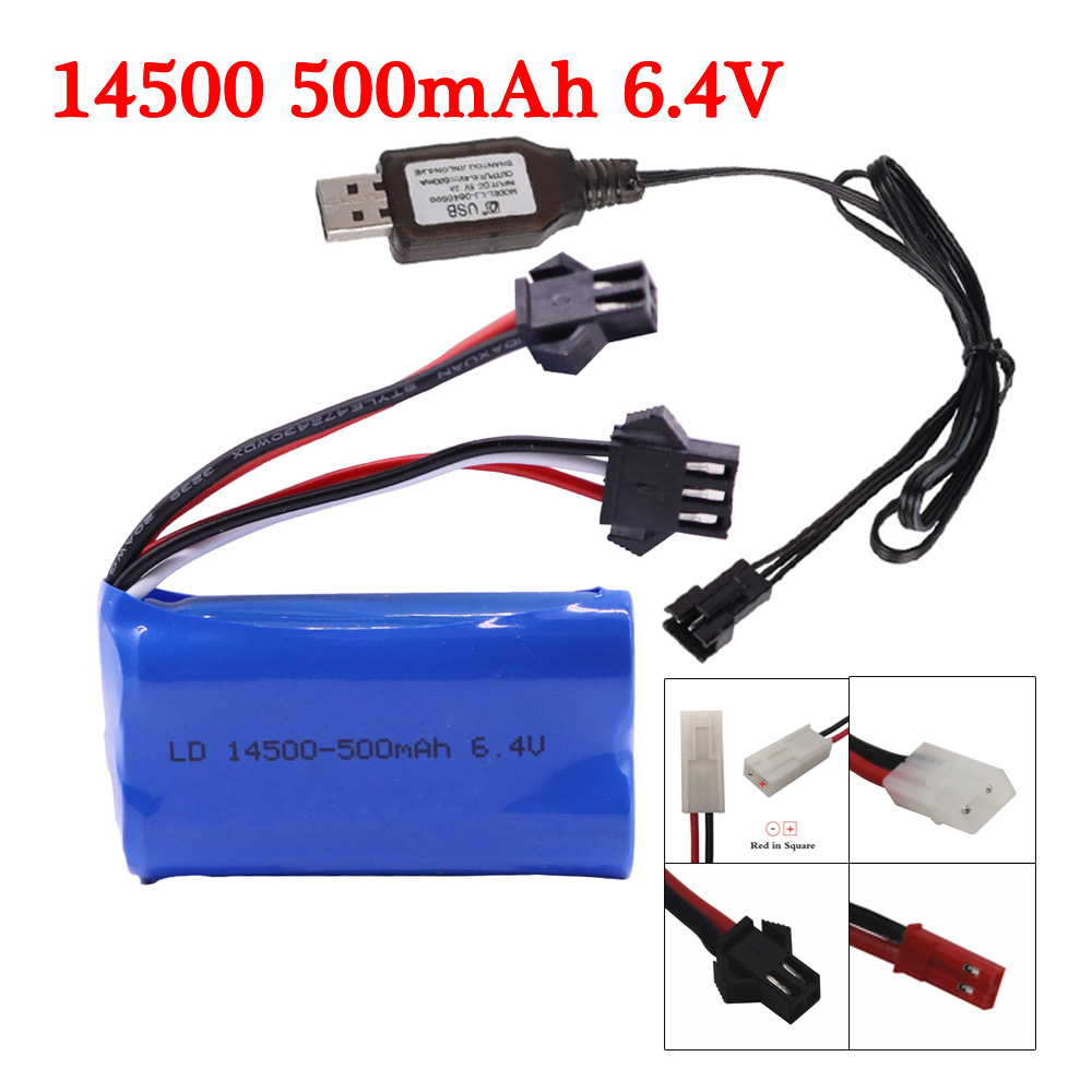Batería de iones de litio de 6,4 v, 500mAh, con cargador USB, para Wltoys 18401, 18402, vehículo RC, 6,4 v, 14500, para juguetes, coches y barcos a control remoto