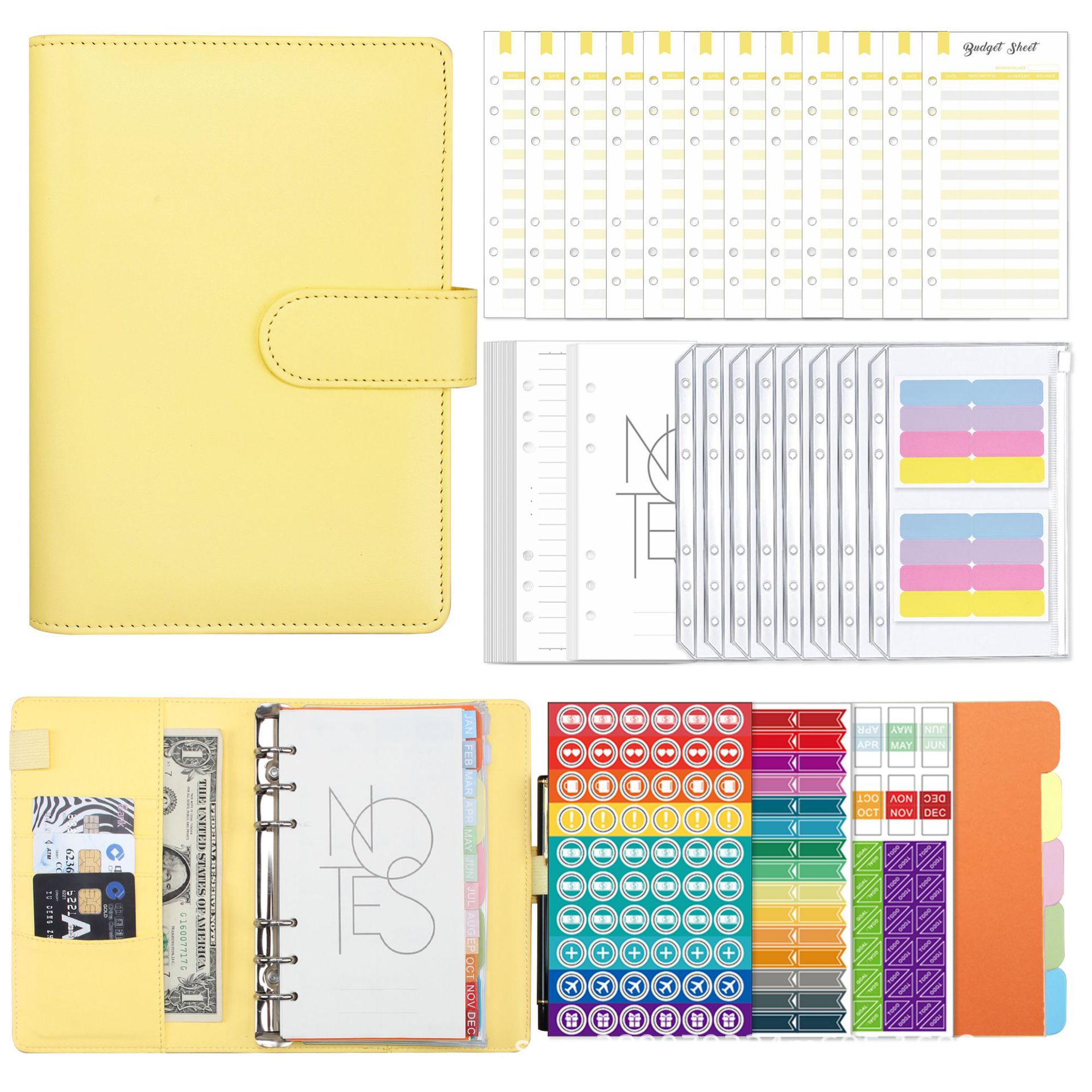 2022 A6 PU Leather Notebook Binder Budget Planner Organizer 6 Ring Binder Cover 12 Binder Pockets Agenda Planner Cover: Yellow-A6
