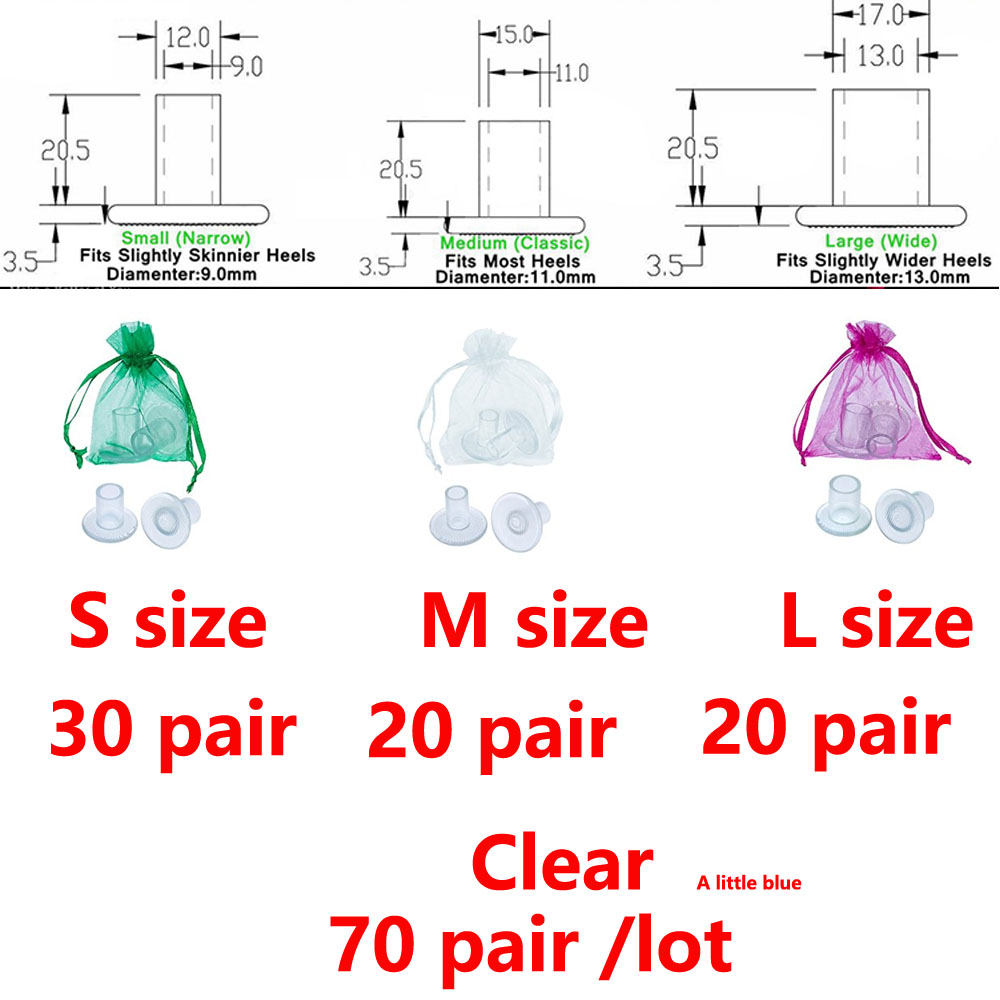 Protectores de tacón de silicona antideslizantes para boda, cubiertas para zapatos de baile latino, stilettos, 70 par/lote: Clear S30 M20 L20
