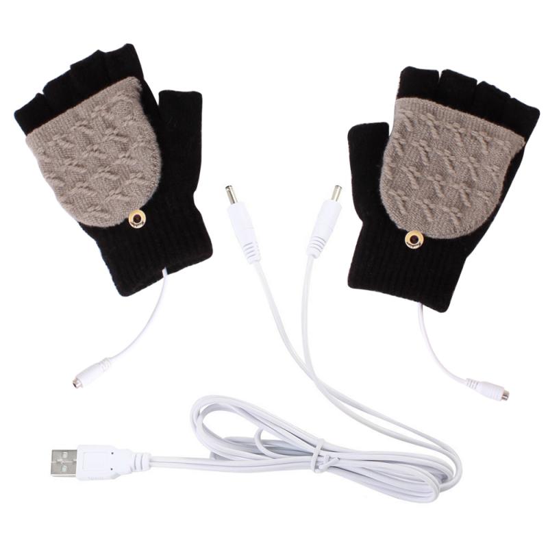 Men Women Winter Heated Gloves Hand Warmer Thermal Electric Gloves Waterproof USB Battery Powered For Half Fingerless Gloves: Black